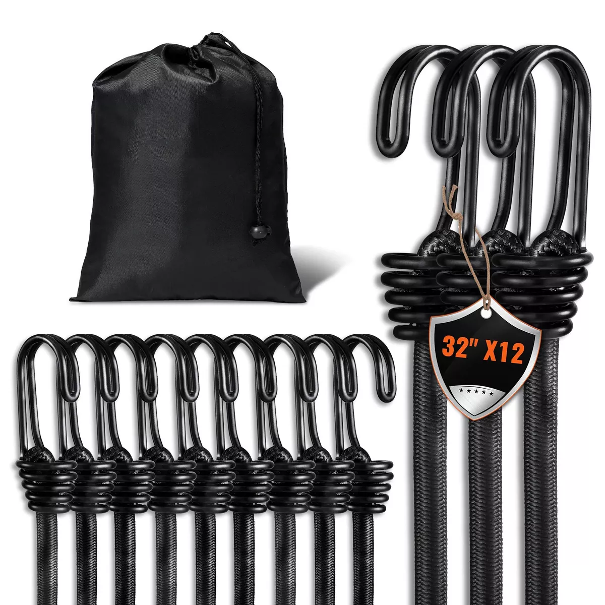 12Pc Elastic Bungee Cords With A3 Steel Hooks 1.6m Stretch