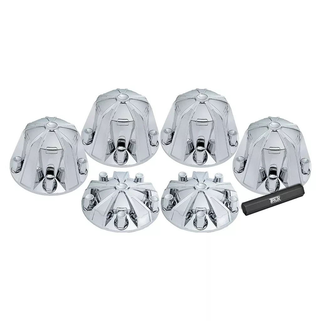 COMPLETE CHROME ABS PLASTIC MAG WHEEL AXLE & NUT COVER KIT THUB-MC1