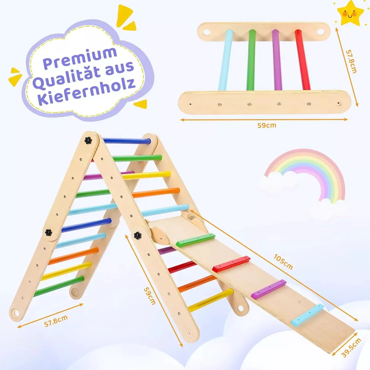 Foldable Wooden 3In1 Triangle Gym Climber With Ramp
