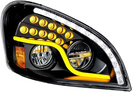 Pair High Power LED Black Headlight With LED DRL & LED Turn Signal For 2008-2017 Freightliner Cascadia - Driver-Passenger