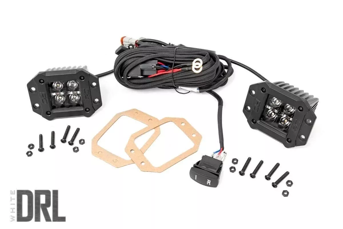 Rough Country | LED Light Pods | 2 Inch Square Flush Mount Cree LED Lights Pair Black Series w/Amber DRL Rough Country | 70803BLKDRLA