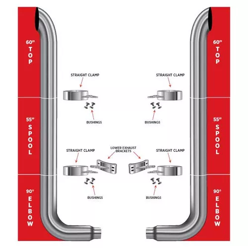 TRUX TSK6-CSET6 6" CURVED EXHAUST KIT W/ 60" TOP STACKS, 90° REDUCED ELBOWS & 55" MIDDLE SPOOLS