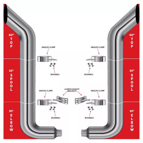 TRUX TSK8-BSET4 8" BULLHORN EXHAUST KIT W/ 60" TOP STACKS, 90° REDUCED ELBOWS & 55" MIDDLE SPOOLS